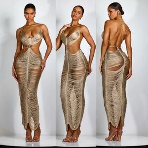 Sexy Plunge Neck Fringe Maxi Dress - small